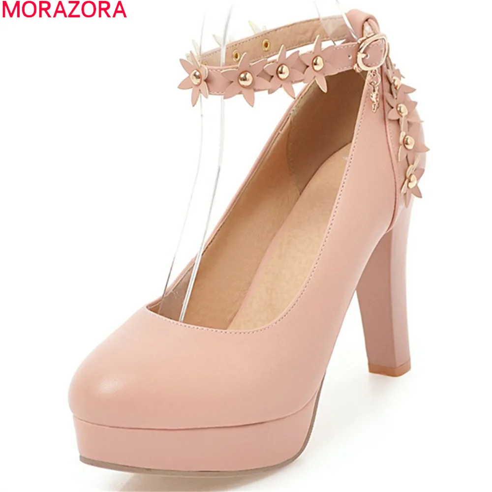 

MORAZORA round toe 2020 pumps women shoes with buckle flower extreme high heels square heel platform shoes woman shoes