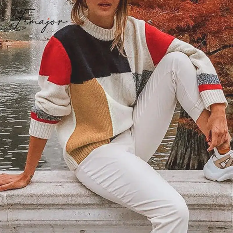 

Femajor Women Autumn Winter Sweater Fashion Multicolor Block O Neck Pullover Female Causal Long Sleeve Knit Tops Mujer Jumpers