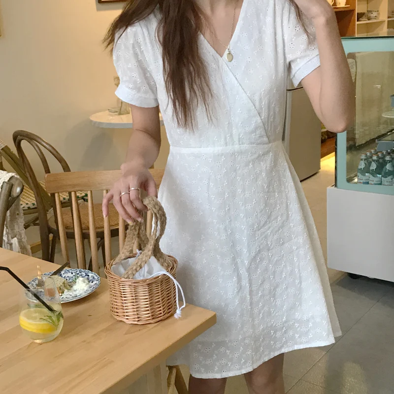 

summer dress 2019 Women korean chic style short sleeve v neck mini Dress womens hollow out white floral dress womens (C6427)