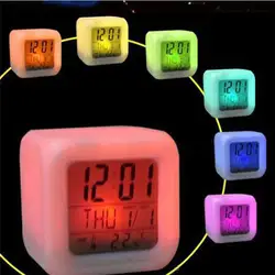 Цифровой термометр с сигнализацией ночной светящийся куб ЖК-часы Мода Будильник 7 СВЕТОДИОД меняющий цвета цифровой будильник Настольный