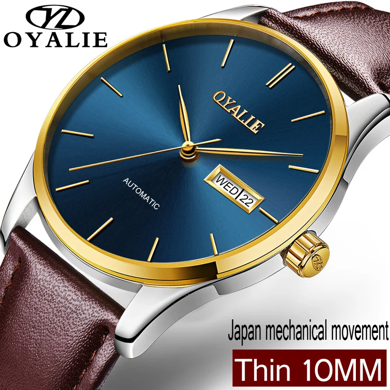

OYALIE Big Face Mechanical Watch For Man Genuine Leather Male Automatic Wristwatches Clock Gold Case Men Watches horloges mannen