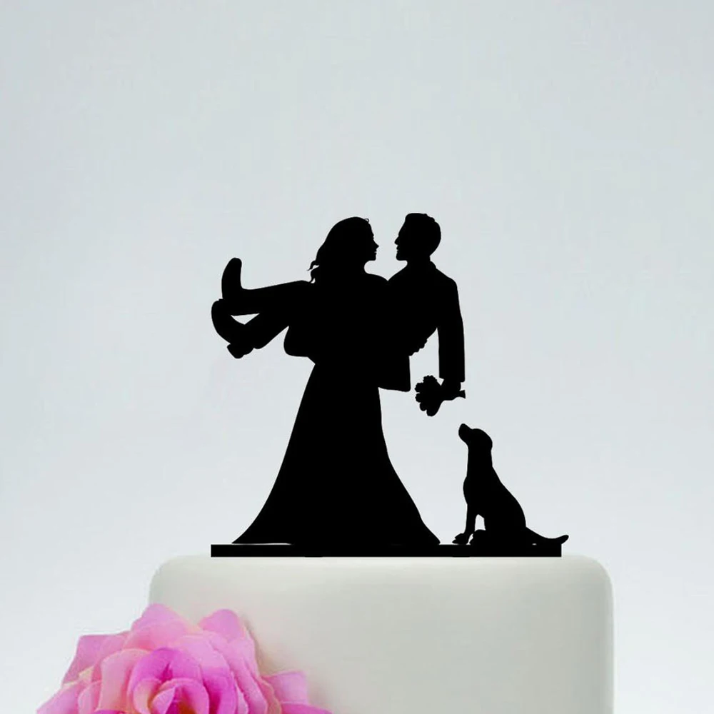 Mr and Mrs Wedding Cake Topper,Bride&Groom With A Dog Silhouette Cake Topper,Couple Decor Wedding Supplies Funny Cake Topper