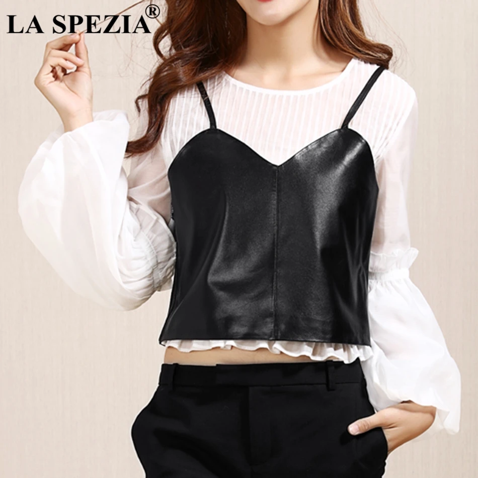 LA SPEZIA Black Womens Vest Short Luxury Waistcoat Female Genuine Sheepskin Leather High Quality Fashion Ladies Spring Gilet
