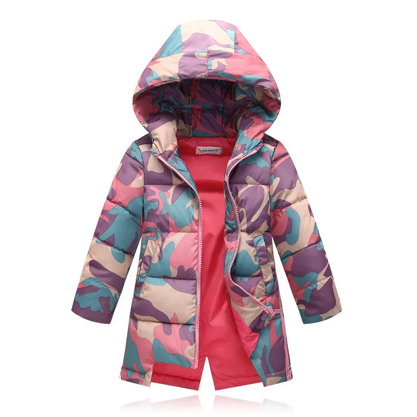2016 New Girls Winter Coat Cotton padded Jacket Children Hooded Fashion Long Camouflage Outerwears Parkas Wadded