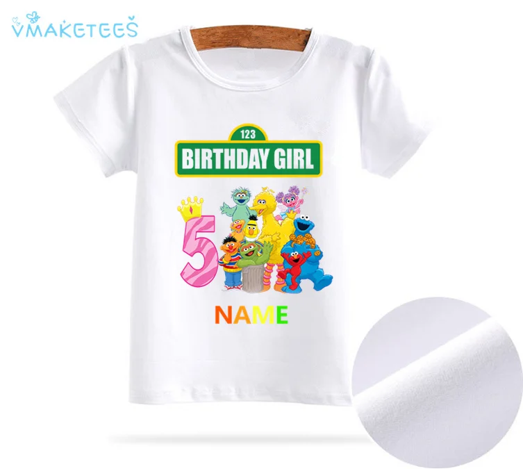 Детская футболка с принтом «Улица Сезам» для девочек на день рождения, с бантом и цифрами, на возраст от 1 до 9 лет детская одежда с короткими рукавами летняя футболка с забавным рисунком ooo3083