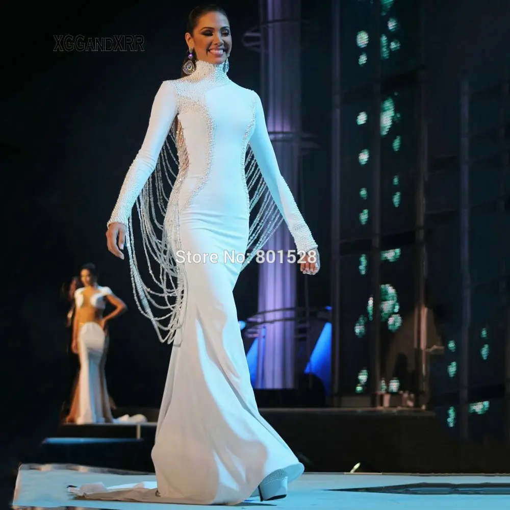 

High Quality Long Sleeves High Neck With Heavy Pearls Special Backless Design Mermaid Evening Dress Luxury Long Prom Dresses