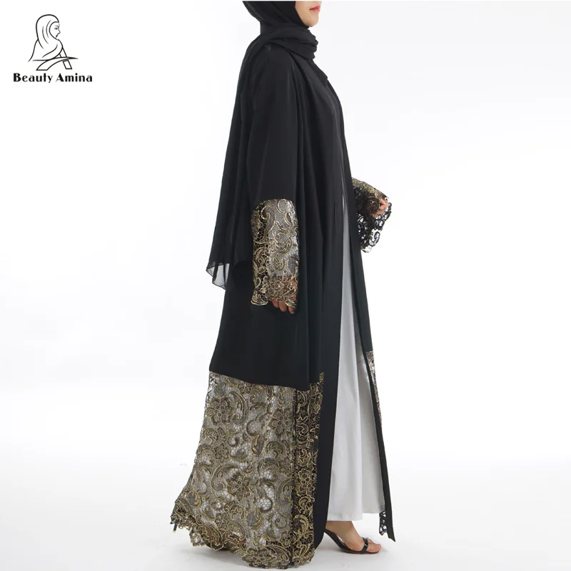 Модный кружевной Дубайский мусульманский черный абайя, кафтан