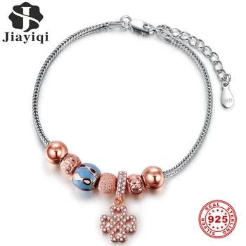 

Jiayiqi Four-Leaf Clover Pendant Bracelet Blue Bead Rose Gold 925 Sterling Silver Bracelets Charm For Women Valentine'S Day Gift