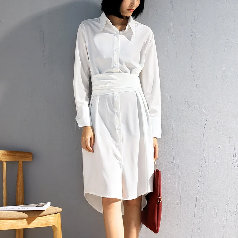 

Long Blouse With Bow Tie Belt For Women Full Sleeve Knee Lengthen Turn-Down Oversized Collar Tops Ladies Fashion White Shirts
