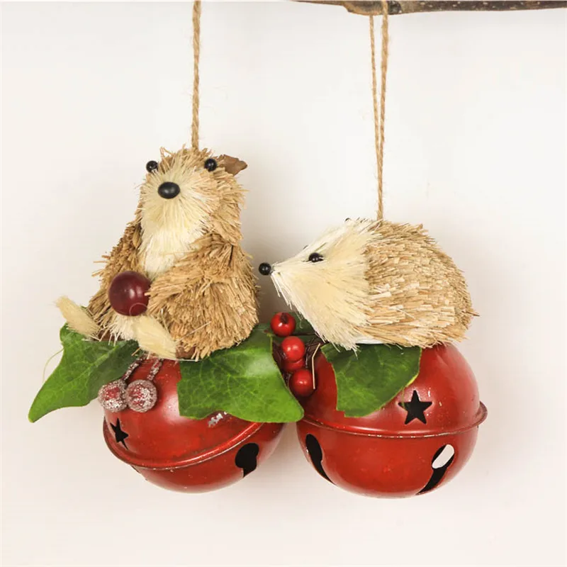

3.5" Christmas Tree Bells Straw Bear&Hedgehog Pendant Home Decorations Noel Jingle Bells Metal Decor Craft Ornament Bell