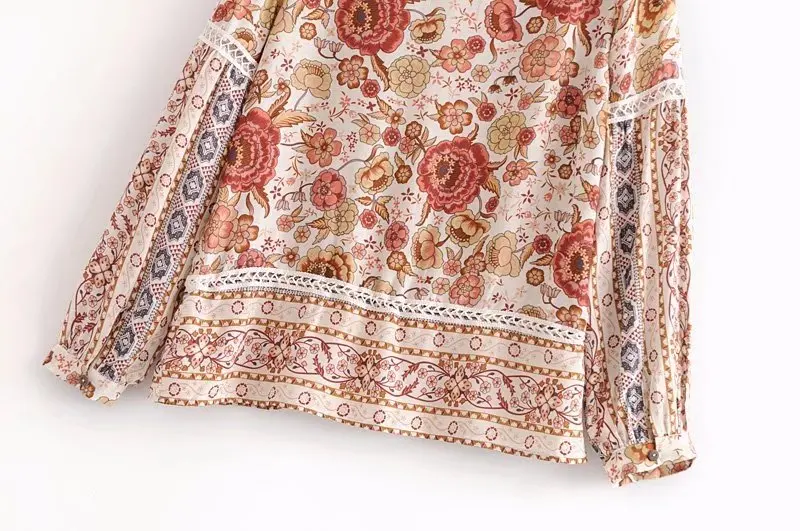Винтажная шикарная Женская богемная блузка happie с цветочным принтом и v-образным вырезом на шнуровке, рубашки с длинным рукавом, женские элегантные блузы