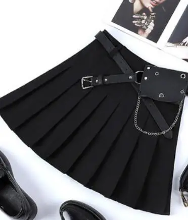 Летняя женская юбка Harajuku плиссированная мини-юбка в стиле панк модная женская короткая юбка с завышенной талией с поясом Saias Femininas - Цвет: Черный