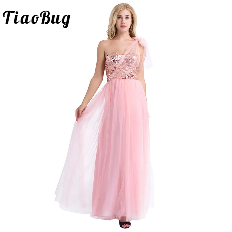 TiaoBug Pearl Pink Women Dress Strapless Shiny Sequins Mesh Ladies Wedding Evening Party Prom Queen Long Pleated Elegant Dress