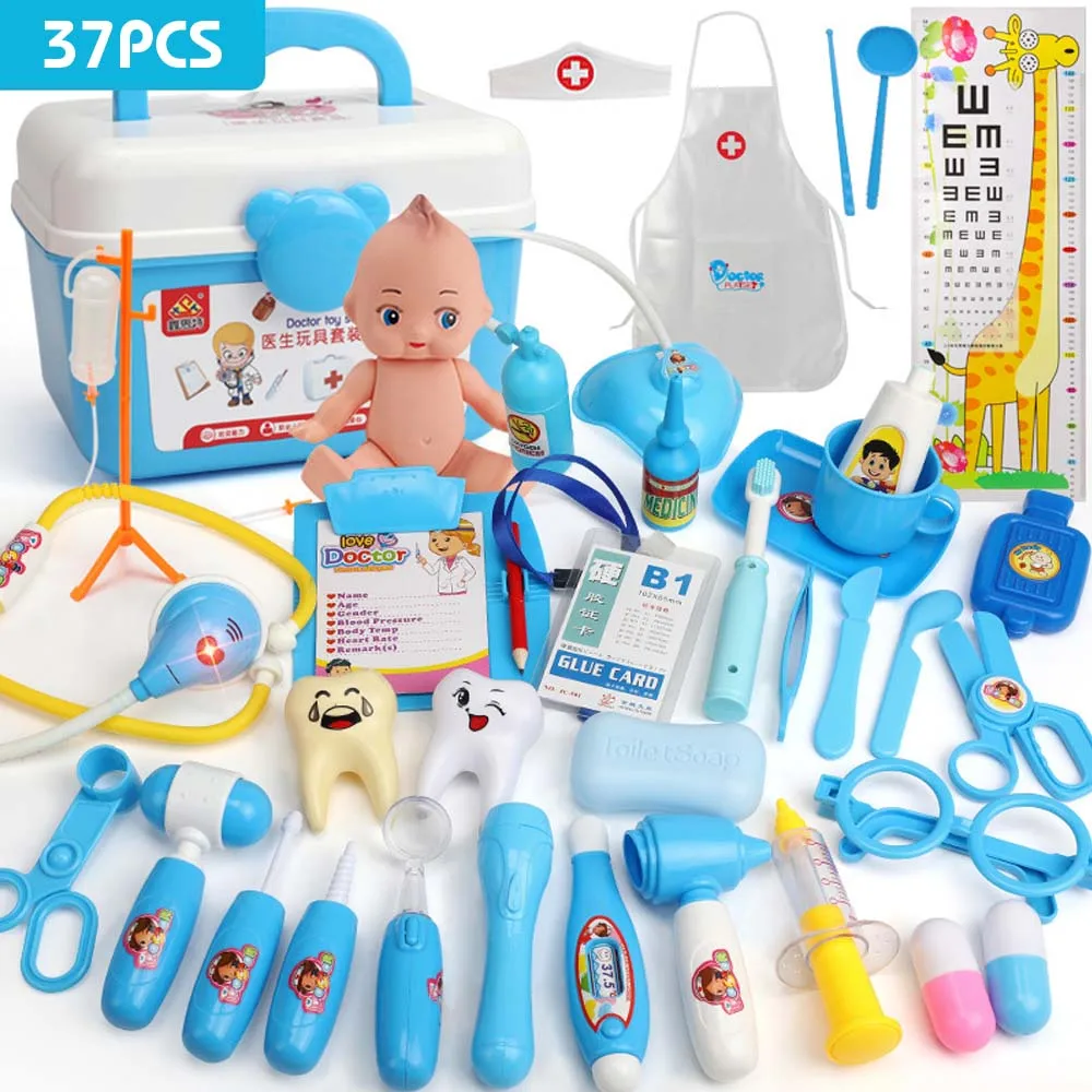 20-39 шт детский набор доктора набор для игр Моделирование Медицинский вокальный свет стетоскоп игрушки для детей Косплей Подарки - Цвет: 37pcs blue
