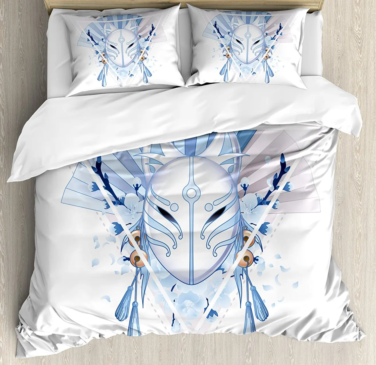 

Kabuki Mask Decoration Duvet Cover Set Fox Mask Kitsune Japan Culture Triangle Sakura Flowers Decorative 4 Piece Bedding Set