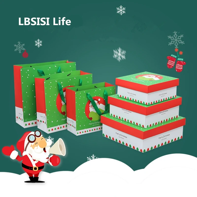 

LBSISI Life 1pcs Christmas Gift Paper Box Gift Hand Paper Bags With Ribbon Handheld Cookie Candy Packing Boxes