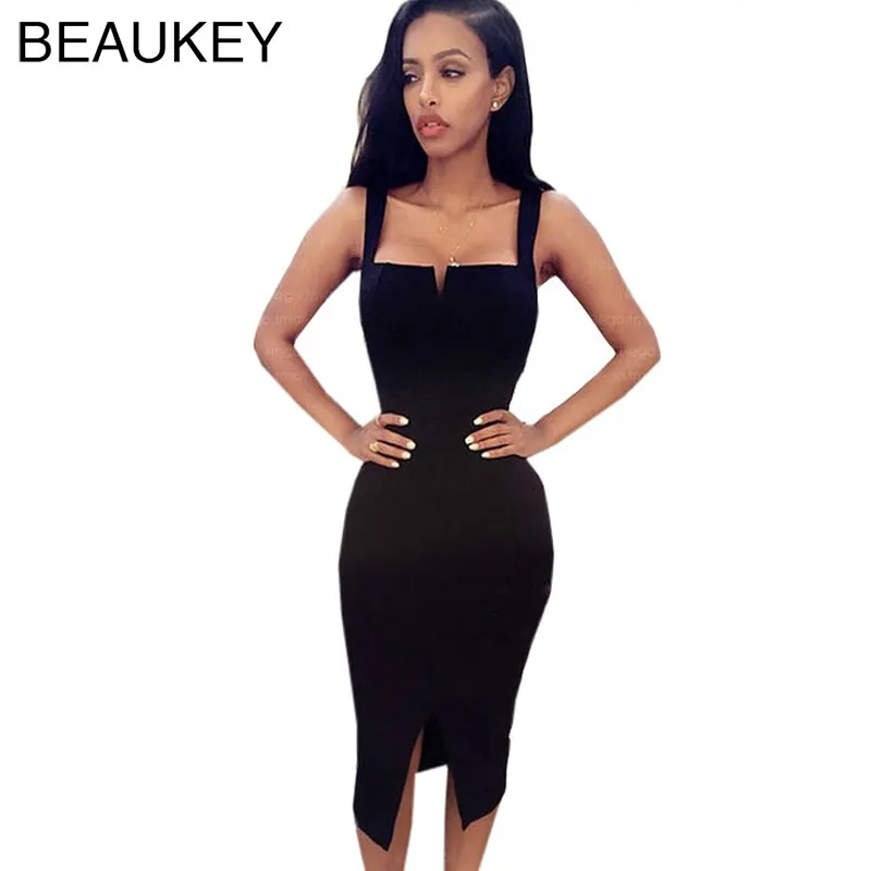 

2017 New Fashion Rayon Small V Neck Spaghetti Strap Open Fork Black Dress Knee Length Sexy Women's Bodycon Bandage Dress