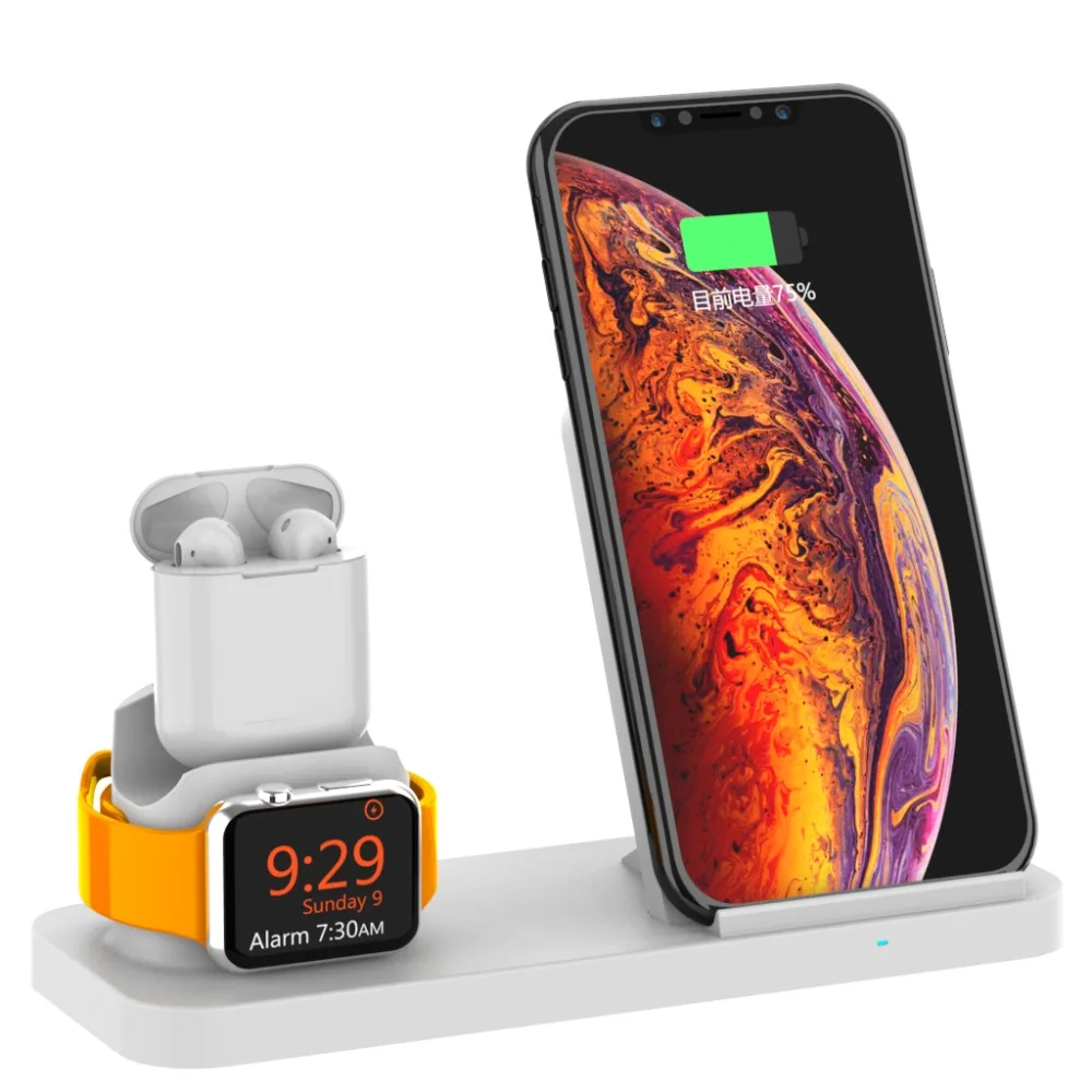 Три в одном Беспроводное зарядное устройство кронштейн ABS часы зарядная док-станция держатель для мобильного телефона Беспроводная стойка для наушников для серии Apple