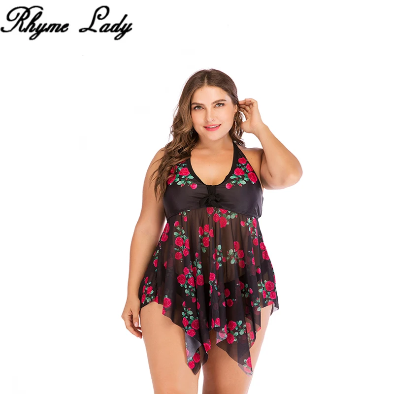 

Rhyme Lady hot sale Plus Size Swimwear Women two pieces Sexy mesh floral Swimsuit Bathing Suit Female Big size swimming suit