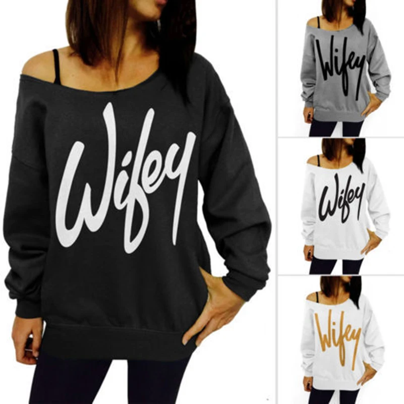 

Off Shoulder Women Hoodies Sweatshirts Long Sleeves Korean Letter Print Tops Plus Size Autumn Slash Neck Pullovers Female -N