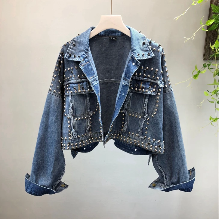 price reduction  Spring Autumn Women's Harajuku Red Denim Jacket Coat Hand Beaded Rivet Short Black Jean Jackets Stu