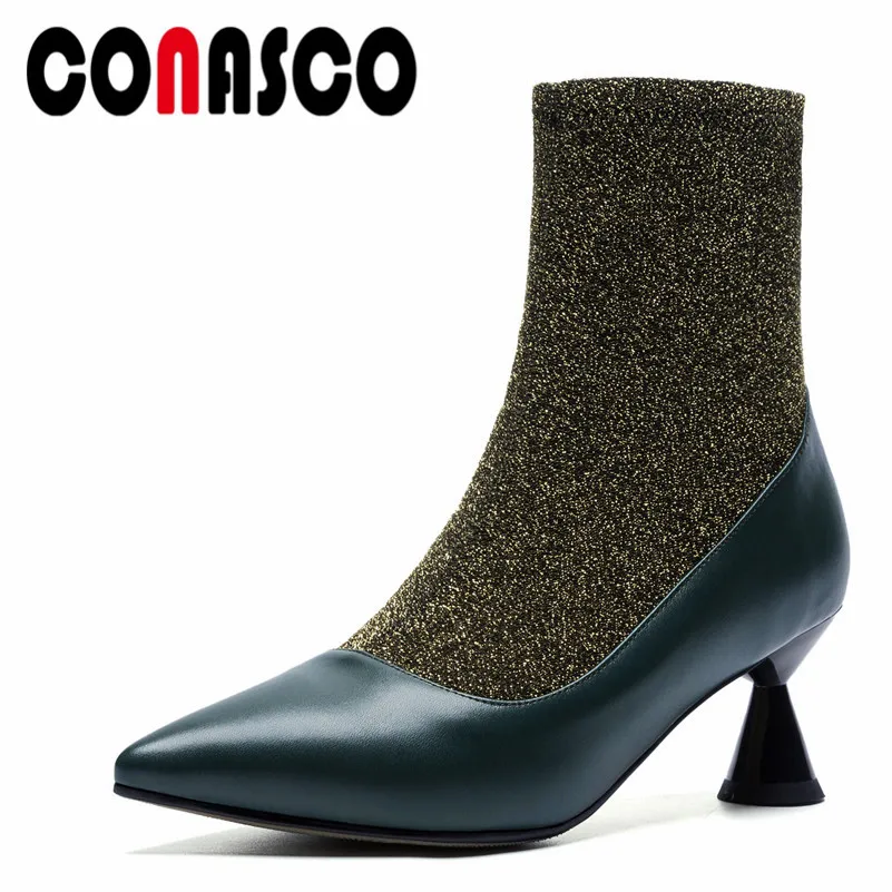

CONASCO Fashion Women Ankle Boots Genuine Leather Strange High Heels Shoes Party Prom Dancing Pumps Brand Design Shoes Woman