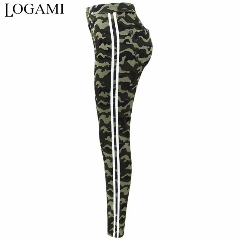

LOGAMI High Waist White Stripes Army Green Jeans Woman Skinny Camouflage Jeans Women's Pencil Denim Pants Camo Plus Size 3XL