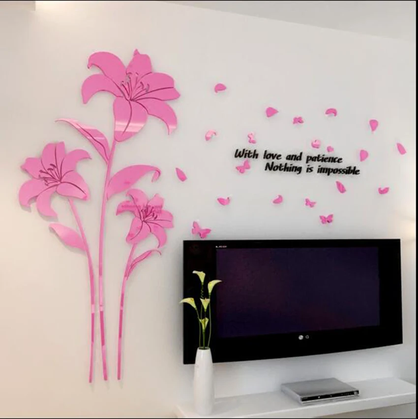 Big Lily Flowers and Butterfly 3d Flowers Wall Stickers for Living 
