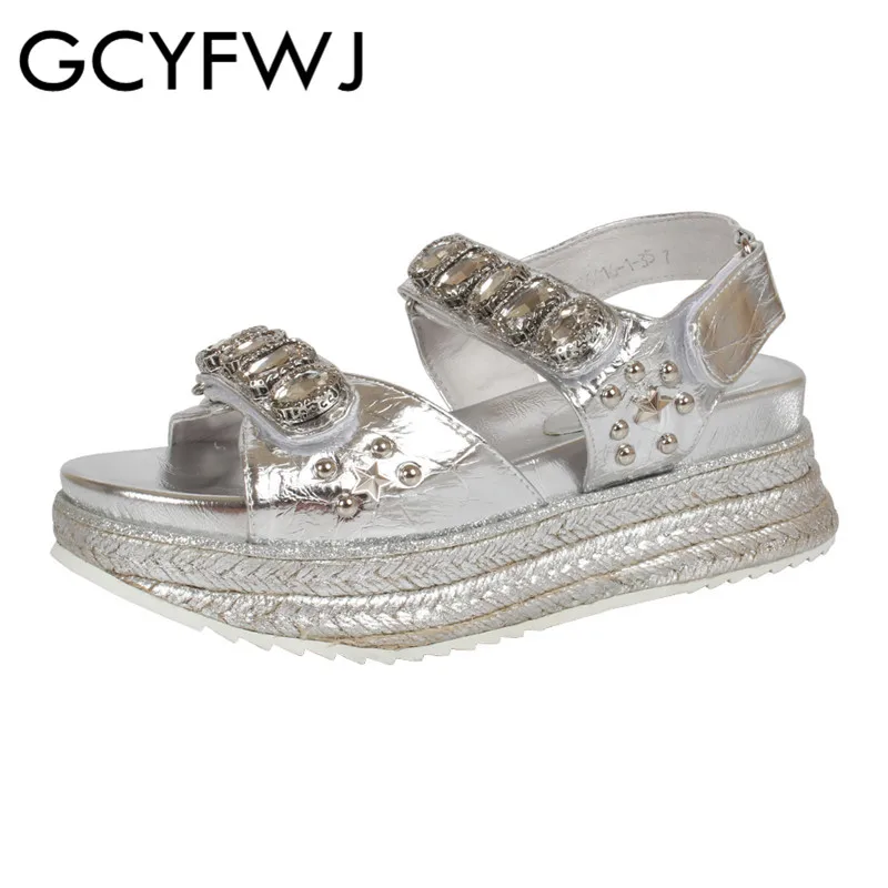 

GCYFWJ Women's Sandals 2019 Summer New Rhinestone Women Shoes Rivets Leather Linen Thick Bottom Hook Loop Sandals Ladies Tide