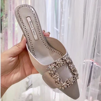 

New Brand High Quality Wedding Shoes Woman Pointed Toe High Heels Crystal Thin Heels Women Mule Sandals Female Mules Dress Shoes