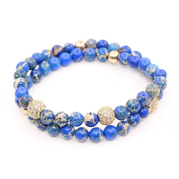 

New style atolyewolf brand blue bracelet Sea Sediment beads men women gold inlay zircon Double Layer Bead pulseras hombre