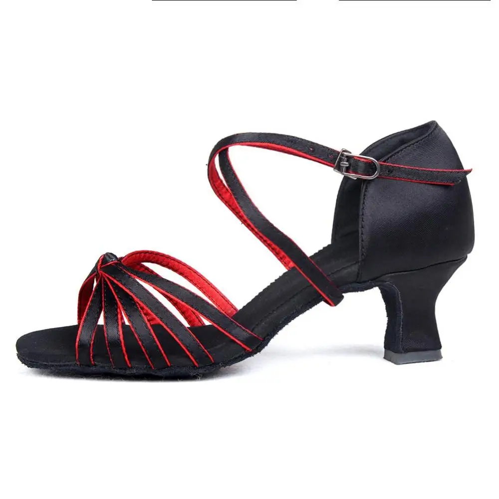 Бальные новые профессиональные латинские танцевальные туфли для женщин/девочек/женщин Танго и сальса на высоком каблуке для танцев атласные/ПУ белый красный - Цвет: BlackRed 5cm