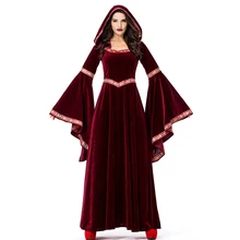 Sladuo Винтаж викторианской готический цвет красного вина с длинным рукавом платье капюшоном бурлеск костюм для женщин косплэй