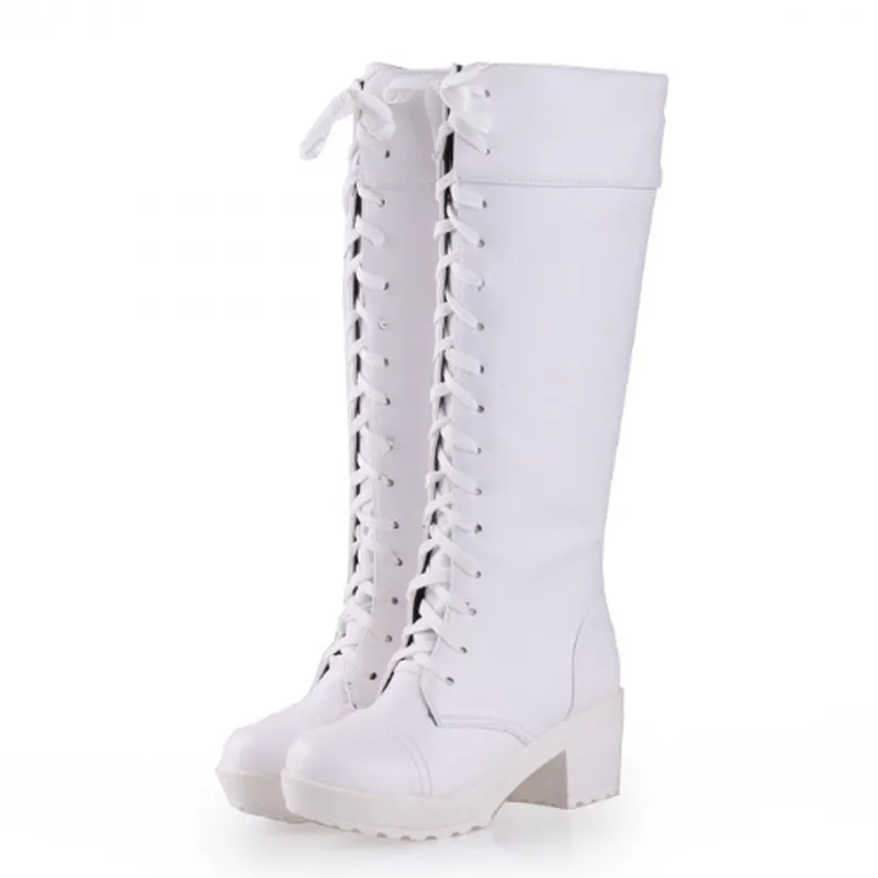 Fanyuan/зимние женские сапоги до колена на платформе с квадратным каблуком пикантная Обувь На Шнуровке в стиле панк Модные мотоботы - Цвет: White
