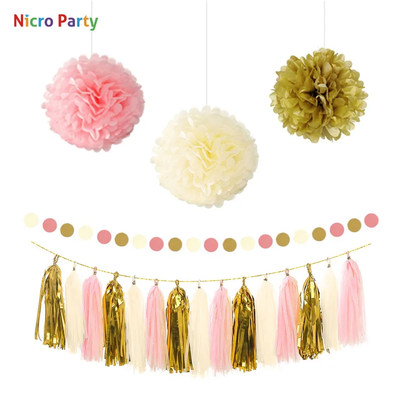 

Nicro 19 pcs/set Gold Beige Pink Birthday Wedding Anniversary Baby Shower Party New DIY Decor Decoration Party Home #Set131