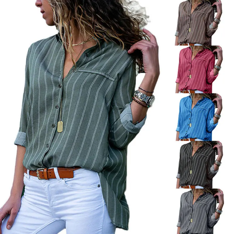 

Newly Women Autumn Shirts Striped V Neck Long Sleeves Loose Casual Cardigans Tops