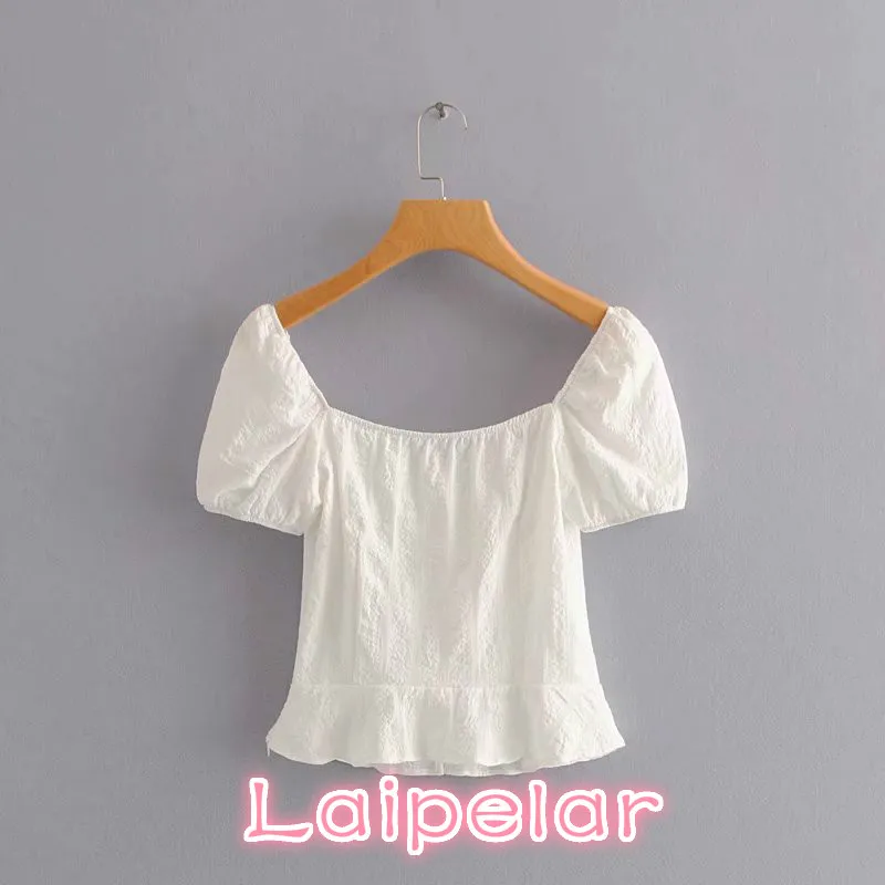 elegant button square collar white blouse Summer puff sleeve backless ruffles shirts korean fashion women tops and blouse blusas Blouses