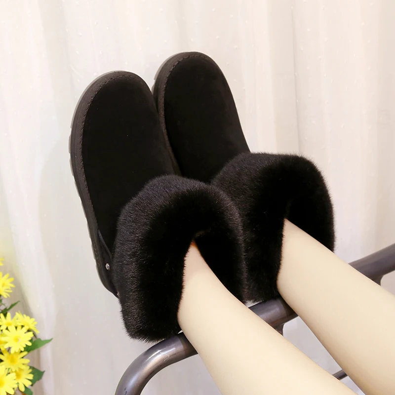 Style Fashion Thick Fur Women Snow Boots Round Toe Waterproof Female Flat High Top Winter Boots Sewing Snow