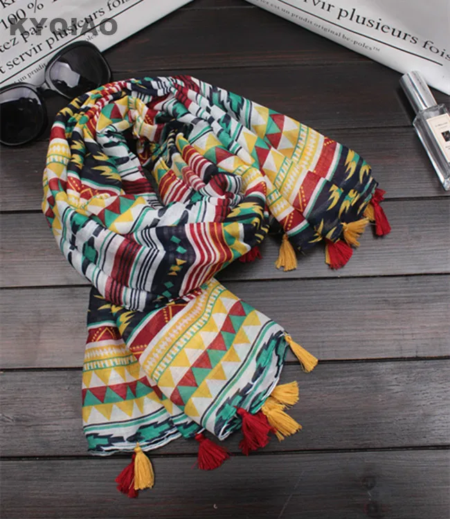 KYQIAO Для женщин в этническом стиле головной платок женский Осень-весна в испанском стиле хиппи и прочная конструкция с геометрическим принтом шарф, кашне