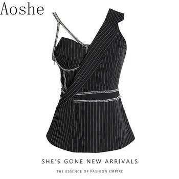 

Women Sexy French Diamond Strap Fake Two Piece Asymmetric Striped Suit Vest 2019 Spring New Tops Free Shipping