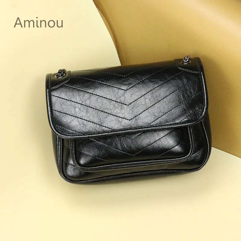 

Aminou Brand Satchels Bag Vintage Chain Messenger Bag Large Women School Crossbody Bags Ladies Black Oil Leather Shoulder Bag