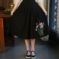 Faldas mujer moda 2019 женщин юбка средней длины, в пол Осень-весна Традиционный китайский стиль длинные цвета: зеленый, черный растительный узор