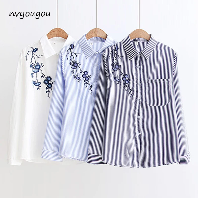 Autumn Floral Embroidery White Long Sleeve Women Blouses Blue Striped Shirt Cotton Casual Women Tops blusas mujer de moda 2019