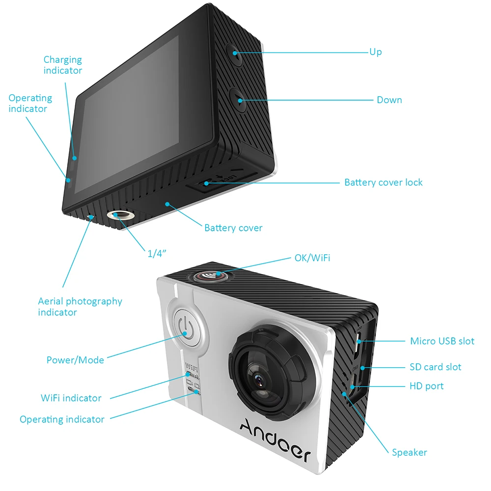 Экшн камера Andoer AN7000 4K 1080P 120fps 720P 240fps Full HD 16 Мп Wi Fi водонепроницаемая 60 м Спортивная