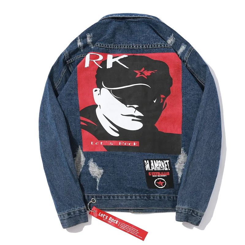

Hip Pop Mens Bomber Denim Jacket Punk Style Jeans Coat Streetwear Character Pattern Jacketc Coats Rock Jeans Overcoat M-2XL