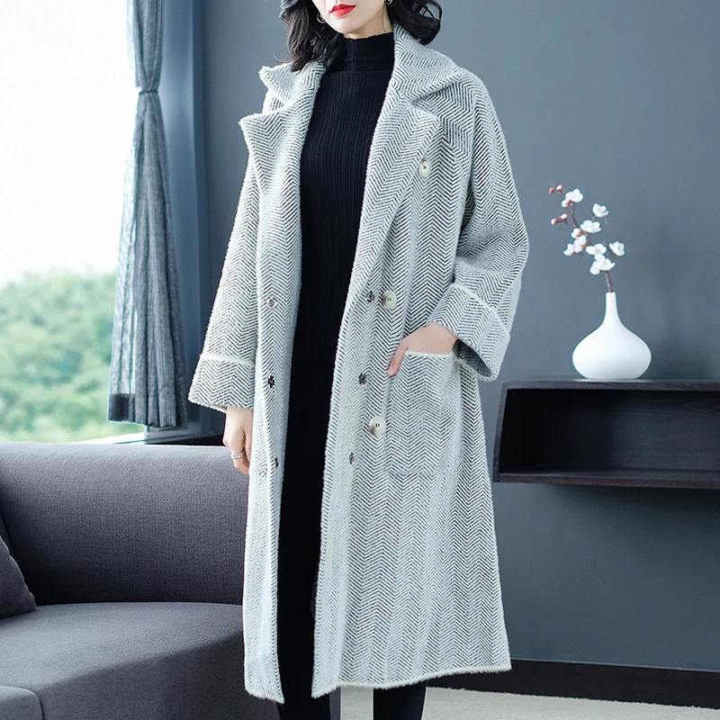 

JANELUXURY Brand Women's Long Lapel Coat 2019 Autumn Winter New Herringbone Knit Woolen Coat Thickened Outerware 3 Colors 3XL