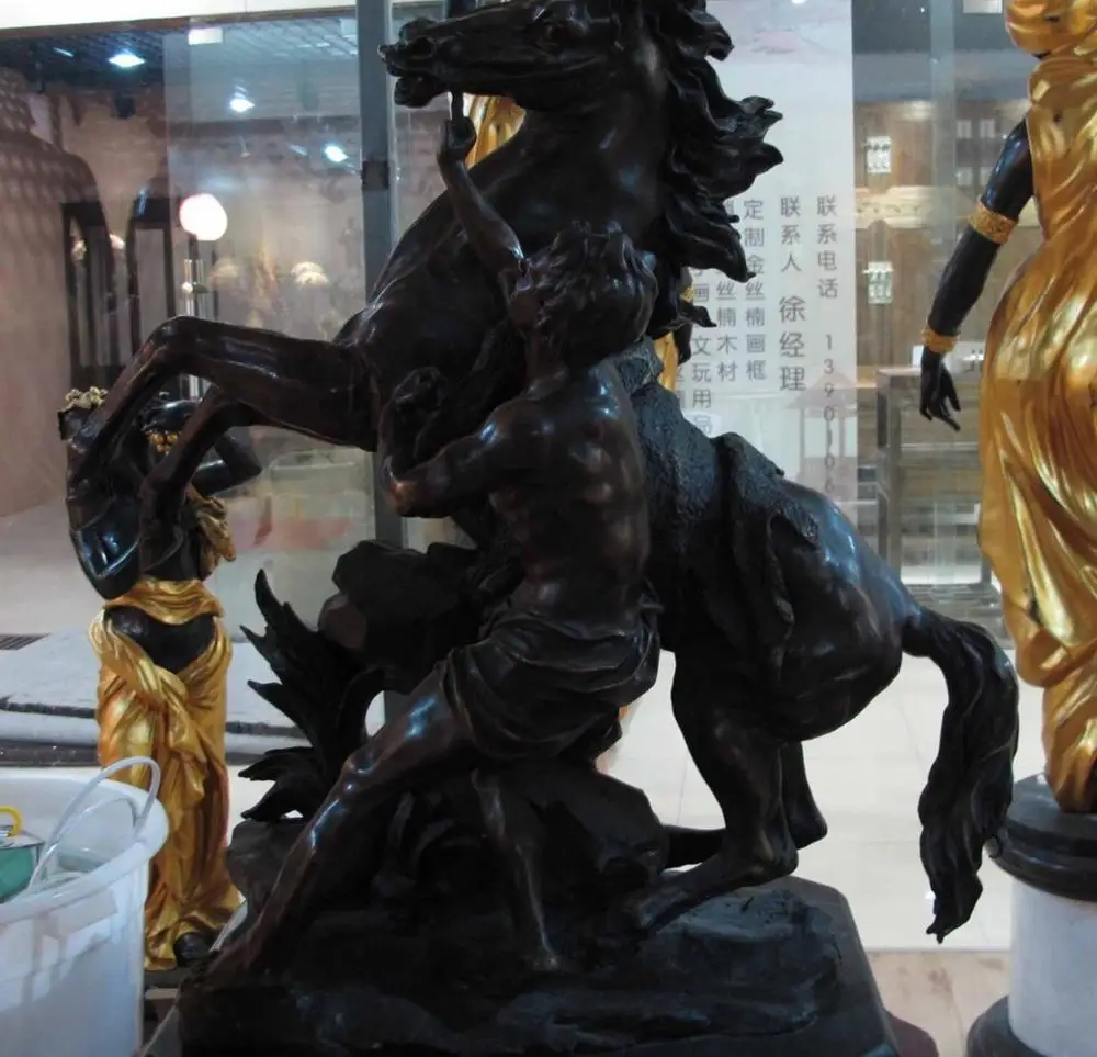 

Western Art Decor Copper Bronze Marble Base Figurine Horse Man Statue Sculpture