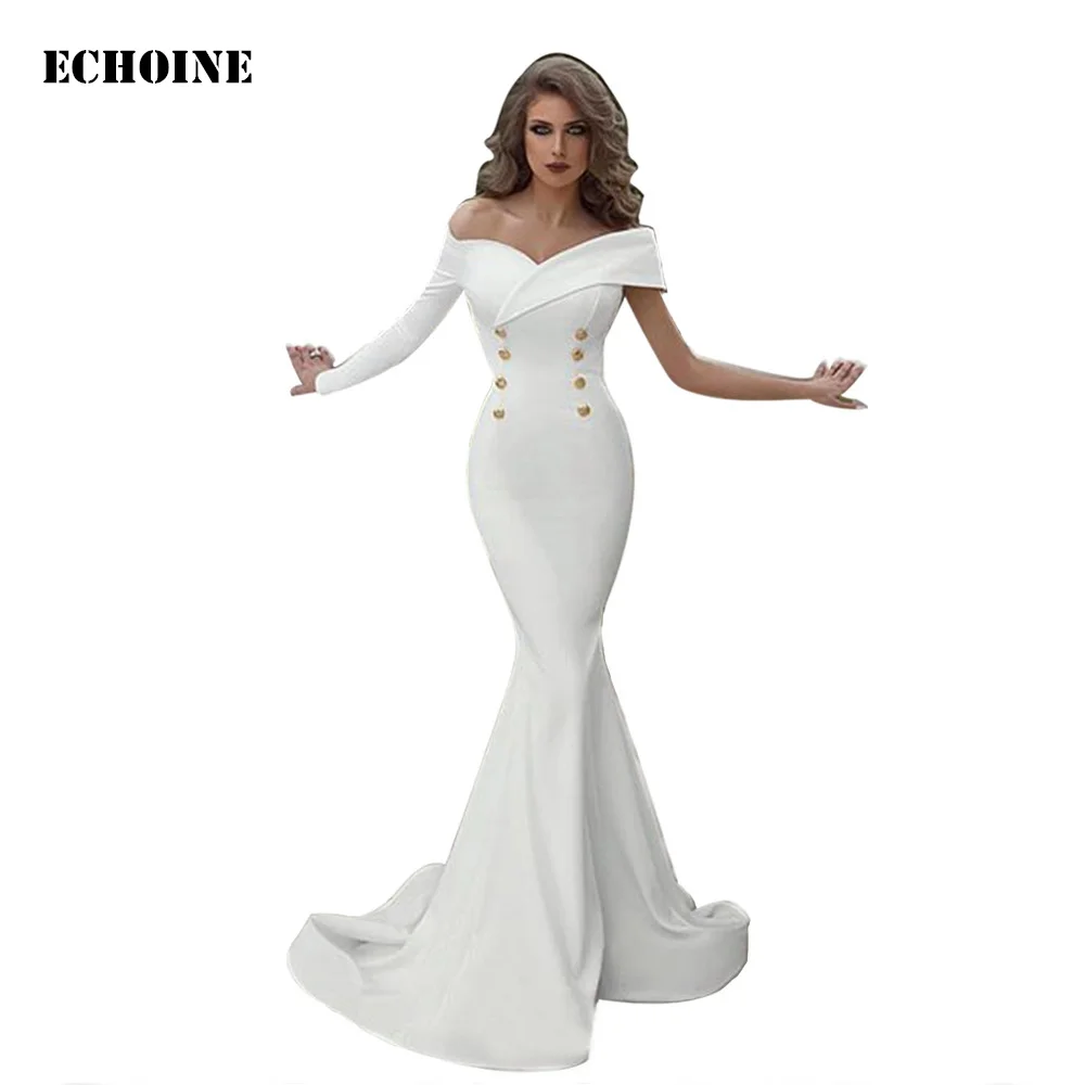 

Elegant Party Maxi Dress Sexy Slim Bodycon Off-shoulder Mermaid Dress One Sleeve Double-breasted Slash Neck Long Vestidos Robe