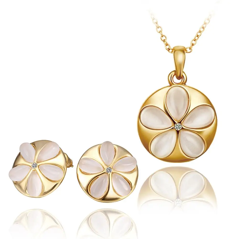 2015 Fashion Round Design Earing Necklace Cat eye's Stone Free Mixed Styles Gold Plated Flower Jewelry Set Bride | Украшения и