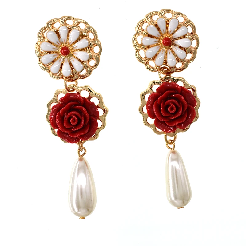 

Baroque retro exaggerated big earrings red flower pearl long earrings female temperament white flowers Luxury decoration